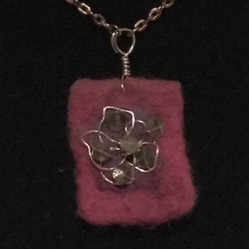 rectangular pendant with needle-felted flower motif embellished with wire and beads